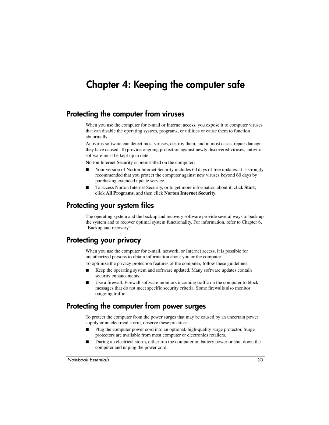 HP tm2t-2100, tm2-2150us Keeping the computer safe, Protecting the computer from viruses, Protecting your system files 