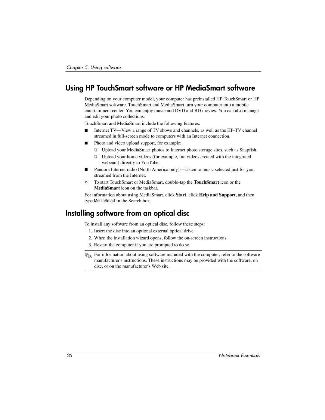 HP tm2t-2100, tm2-2150us Using HP TouchSmart software or HP MediaSmart software, Installing software from an optical disc 