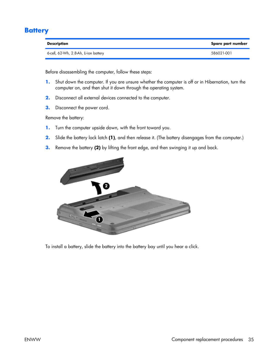 HP TM2 manual Battery, Description Spare part number 