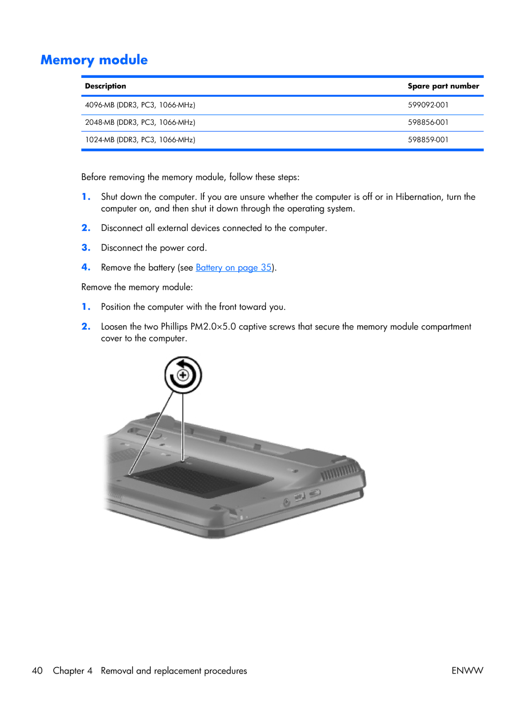 HP TM2 manual Memory module, Description Spare part number 