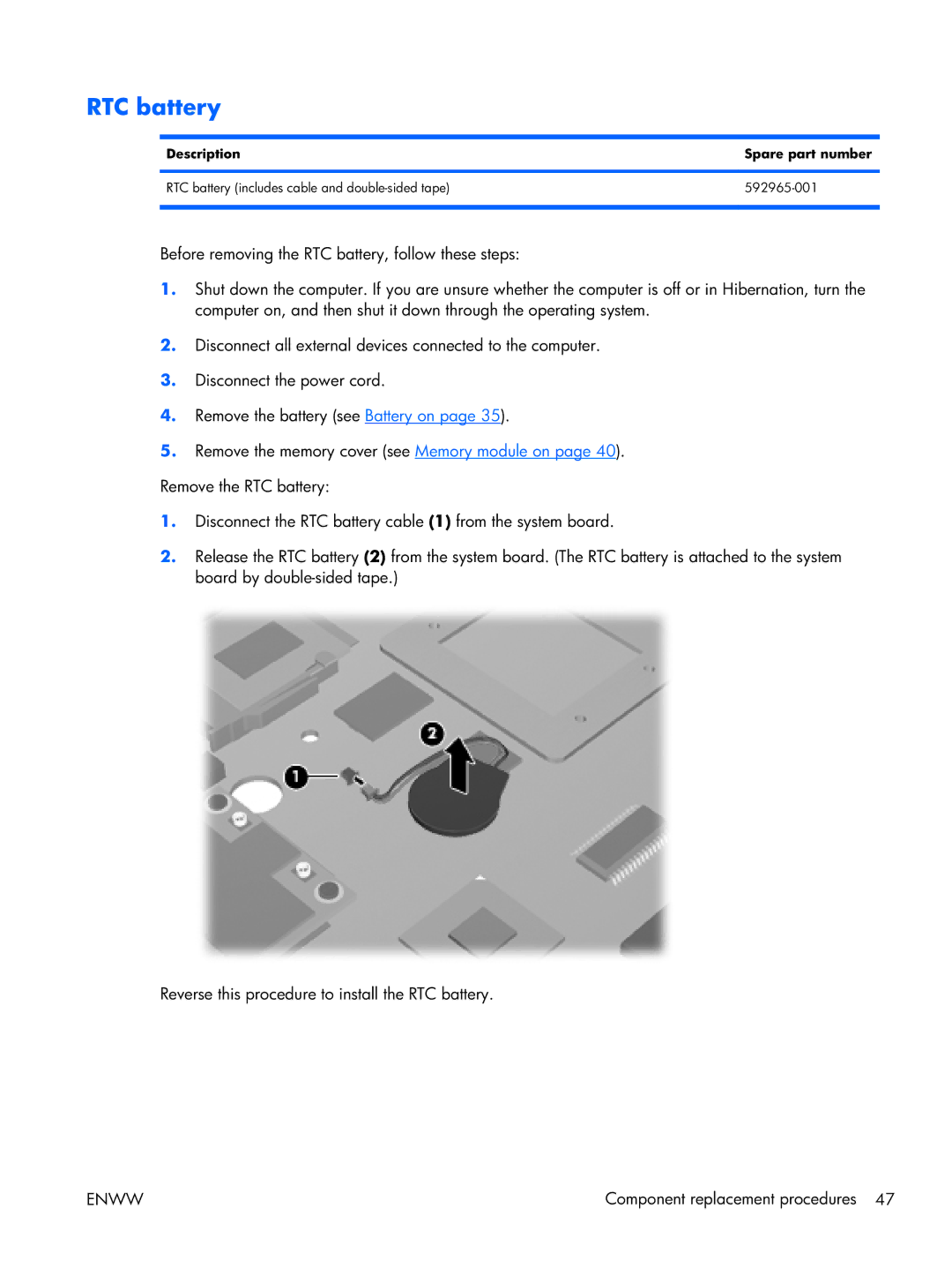 HP TM2 manual RTC battery, Description Spare part number 