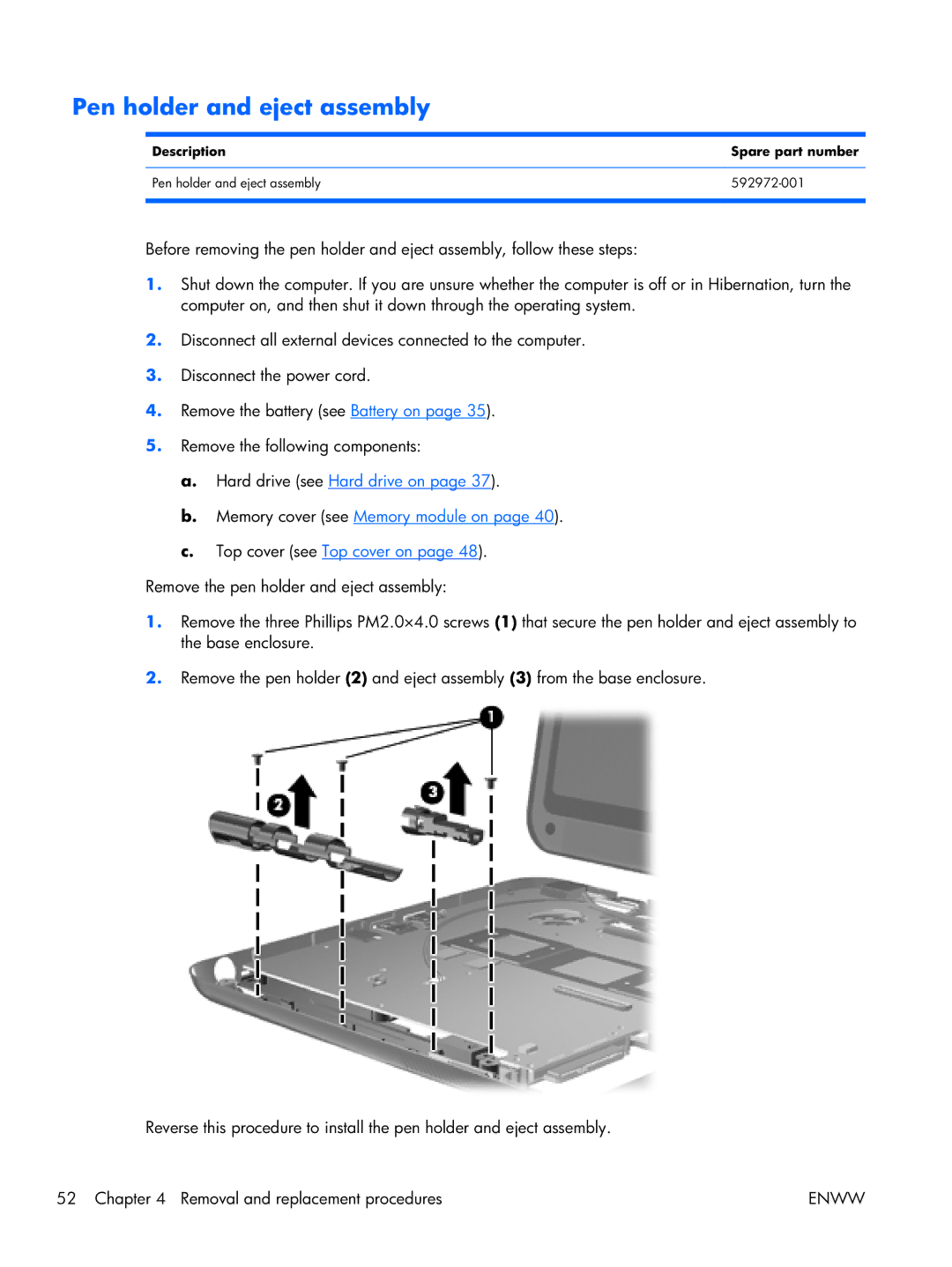 HP TM2 manual Pen holder and eject assembly 