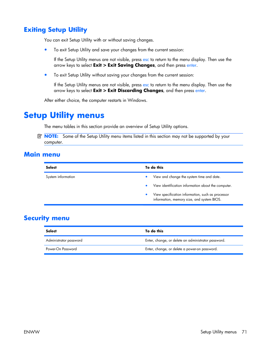 HP TM2 manual Setup Utility menus, Exiting Setup Utility, Main menu, Security menu 