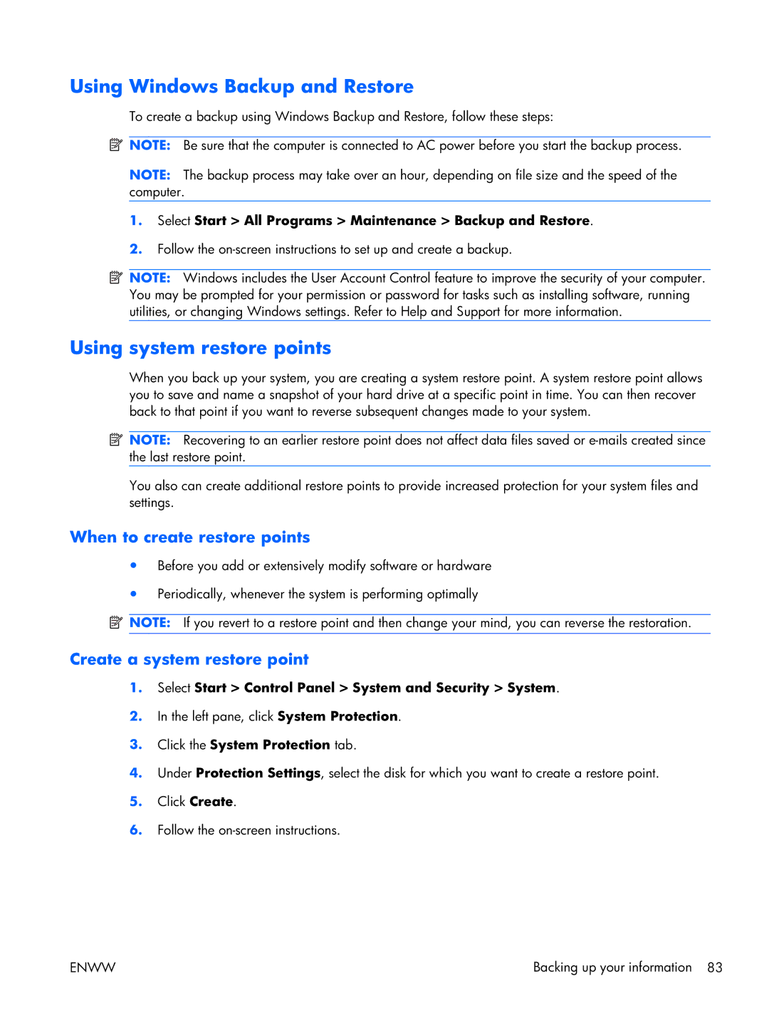 HP TM2 manual Using Windows Backup and Restore, Using system restore points 