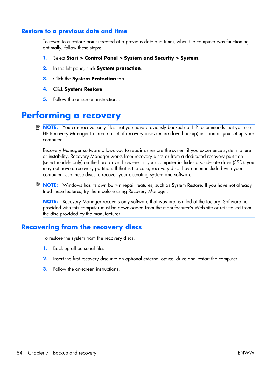 HP TM2 manual Performing a recovery, Recovering from the recovery discs 