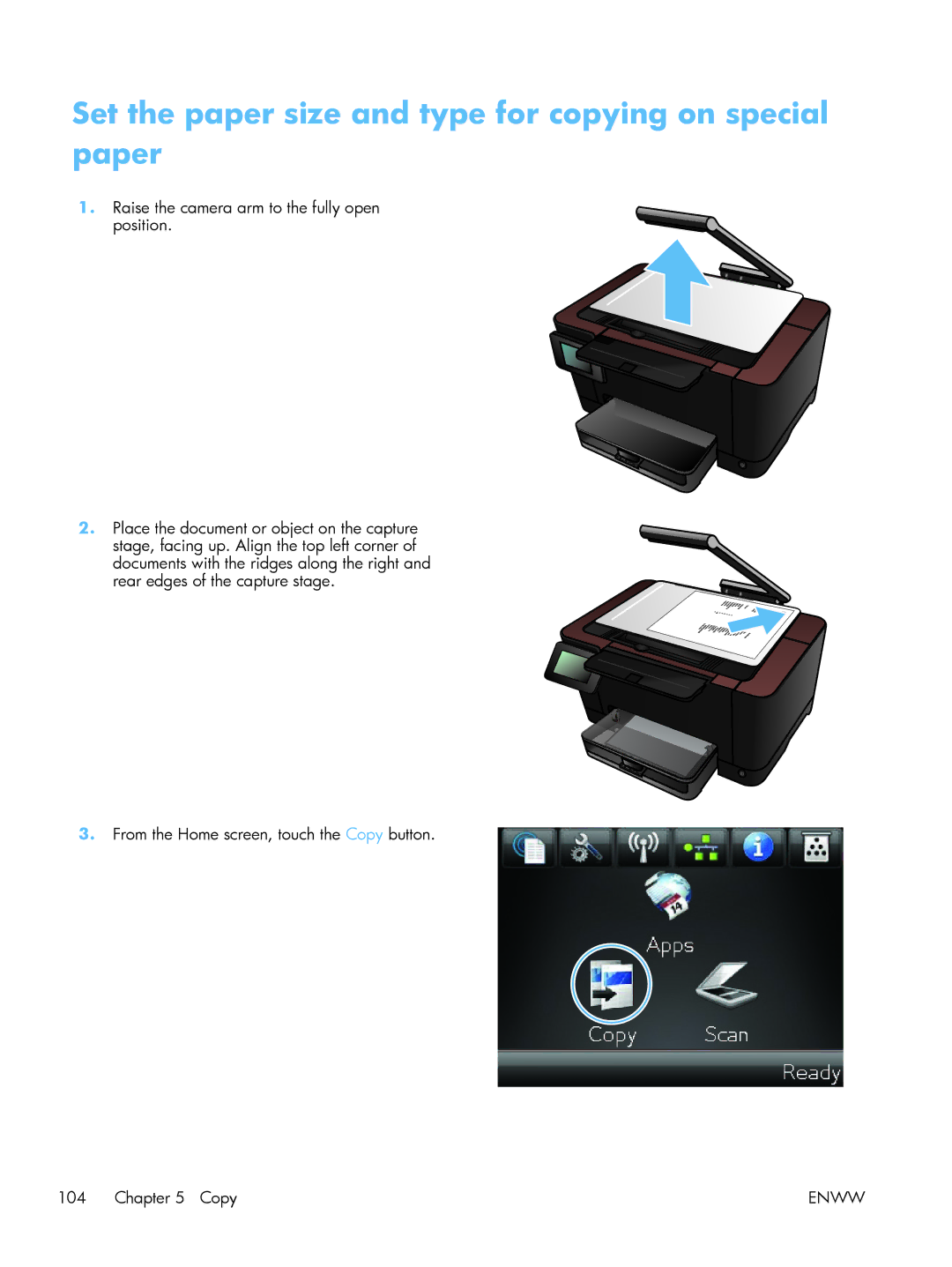 HP TopShot CF040ARBGJ manual Set the paper size and type for copying on special paper 