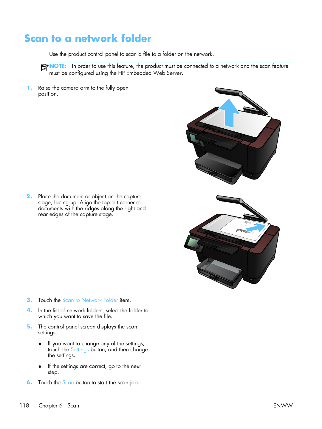 HP TopShot CF040ARBGJ manual Scan to a network folder, Touch the Scan to Network Folder item 