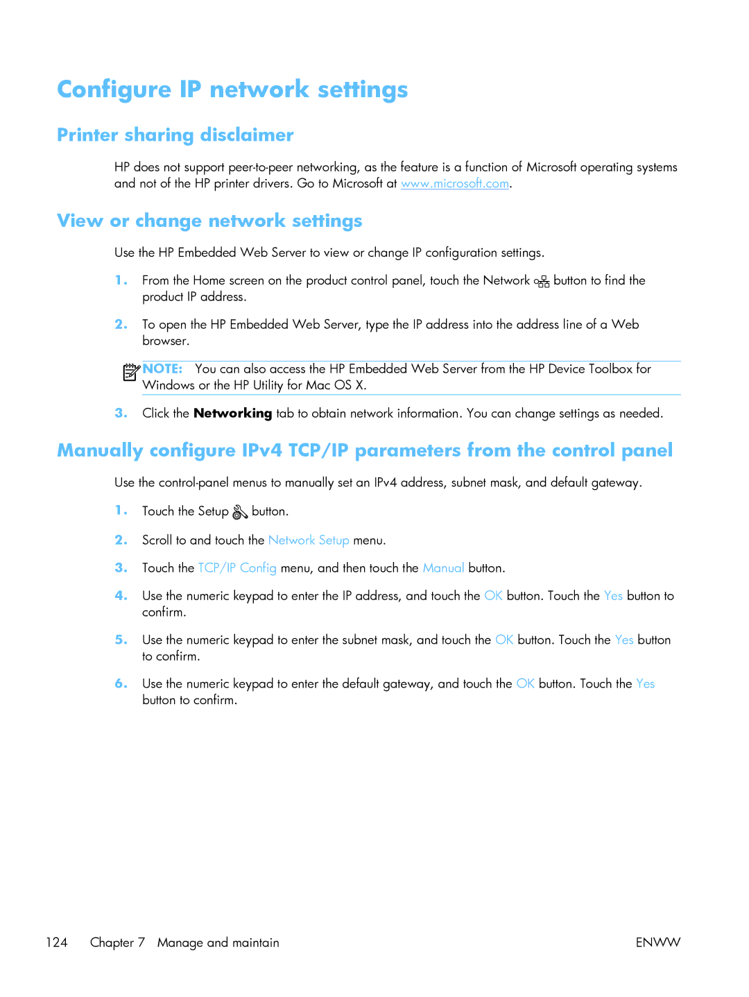 HP TopShot CF040ARBGJ manual Configure IP network settings, Printer sharing disclaimer View or change network settings 