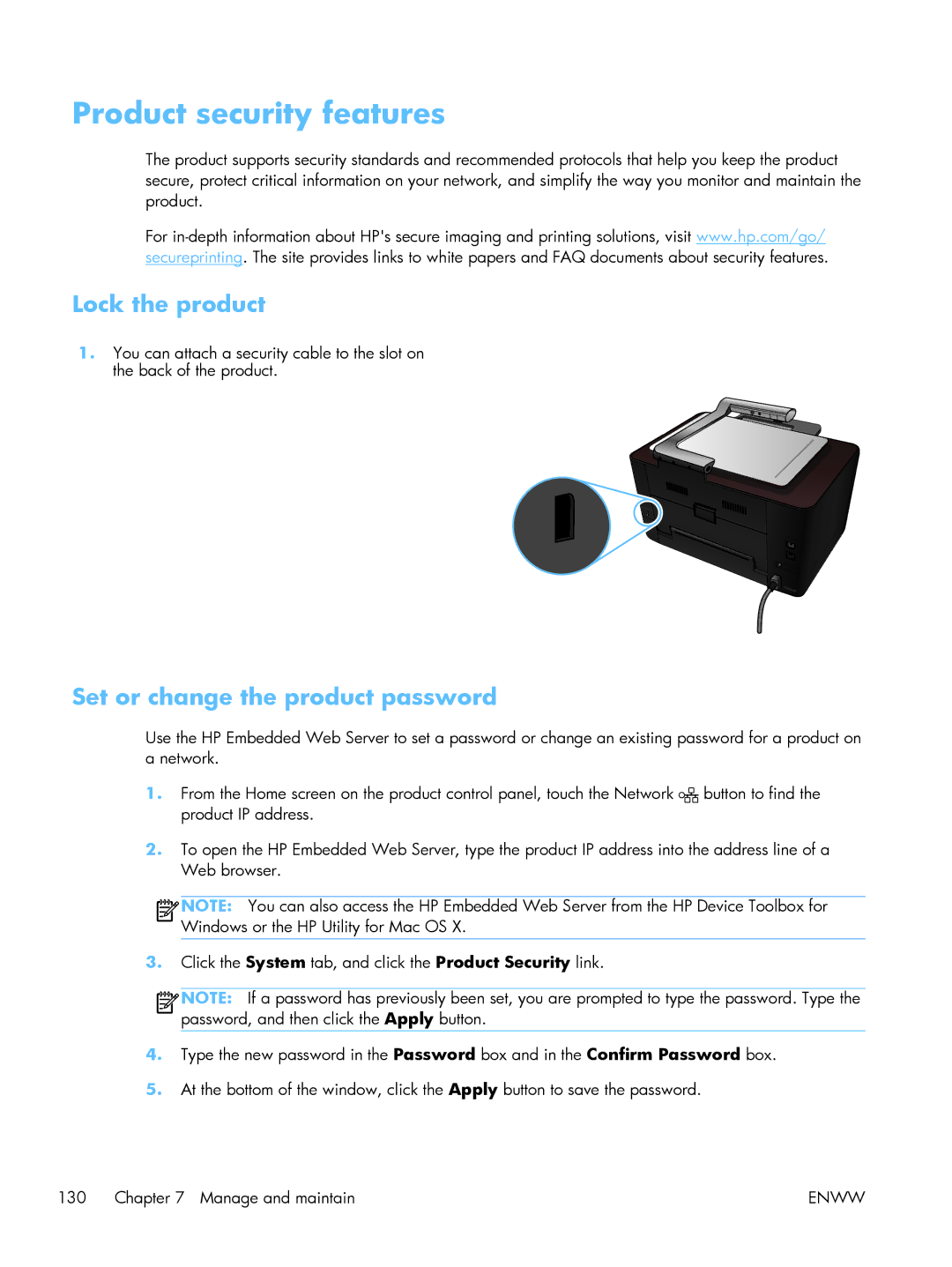 HP TopShot CF040ARBGJ manual Product security features, Lock the product, Set or change the product password 