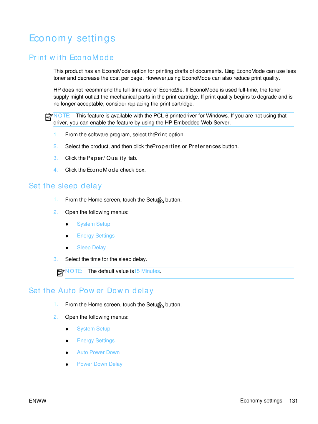 HP TopShot CF040ARBGJ manual Economy settings, Print with EconoMode, Set the sleep delay, Set the Auto Power Down delay 