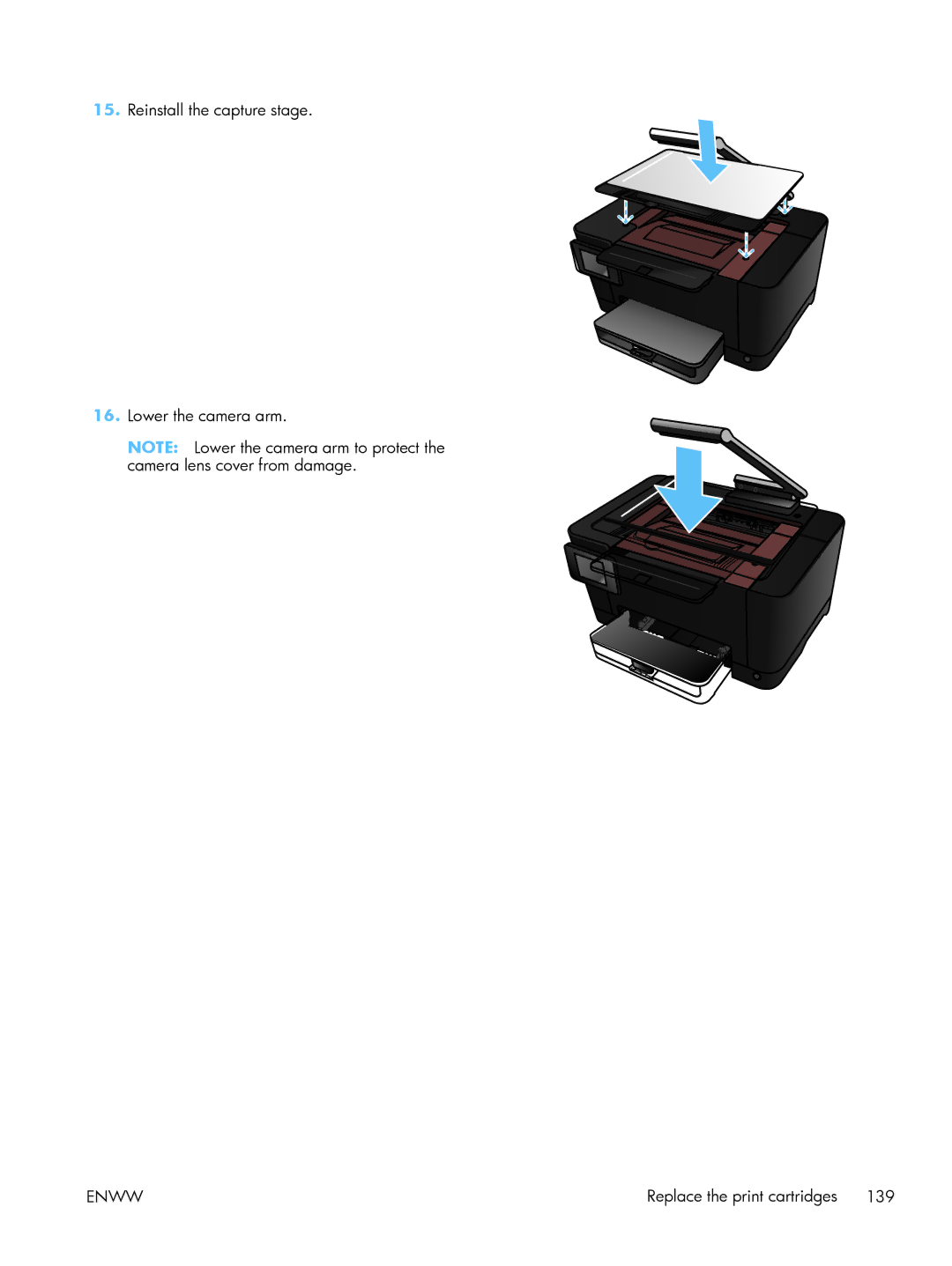 HP TopShot CF040ARBGJ manual Reinstall the capture stage Lower the camera arm 