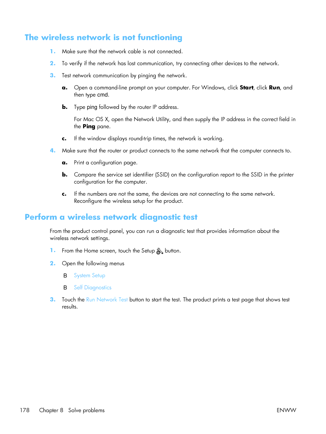 HP TopShot CF040ARBGJ manual Wireless network is not functioning, Perform a wireless network diagnostic test 