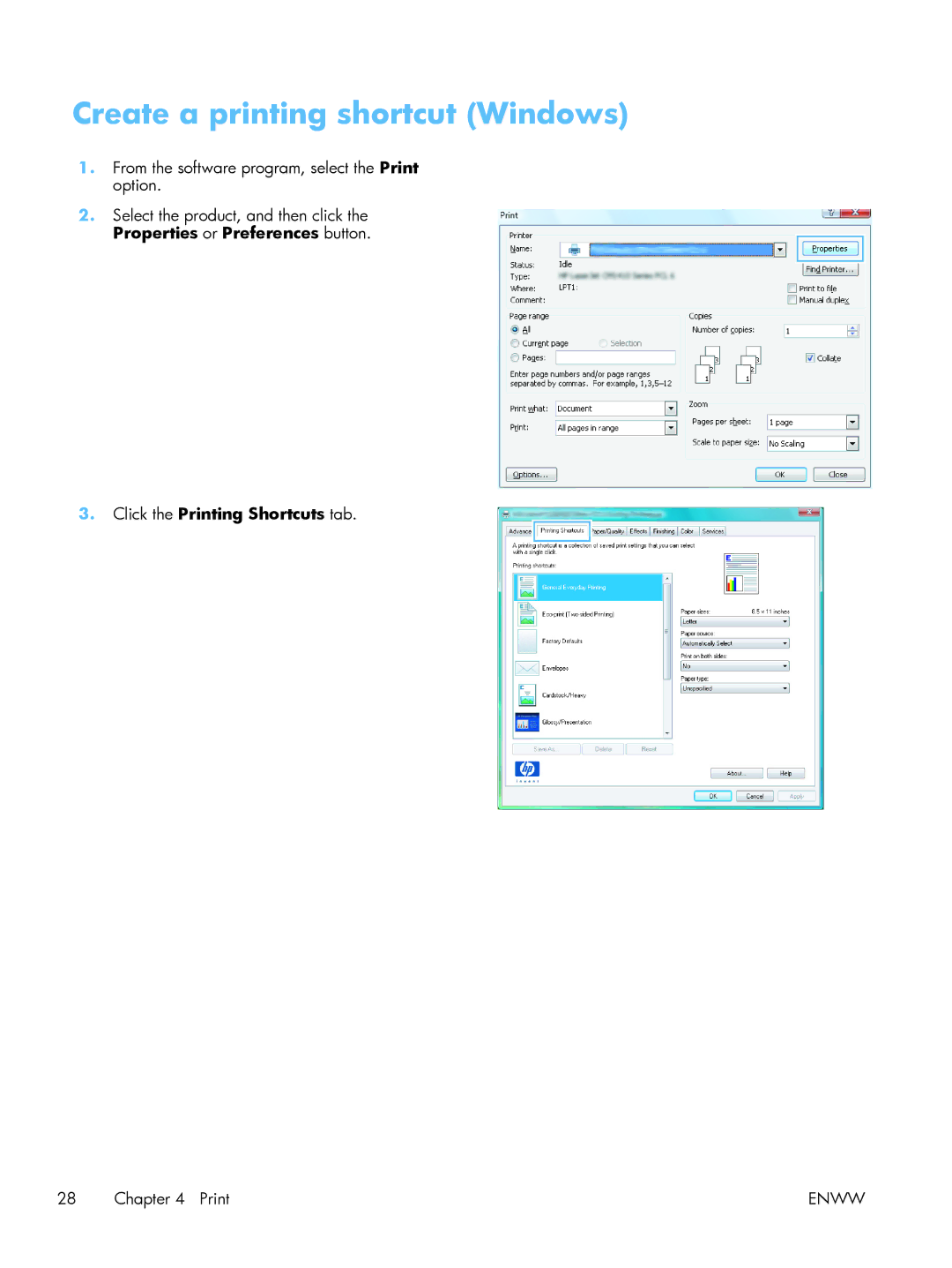 HP TopShot CF040ARBGJ manual Create a printing shortcut Windows 