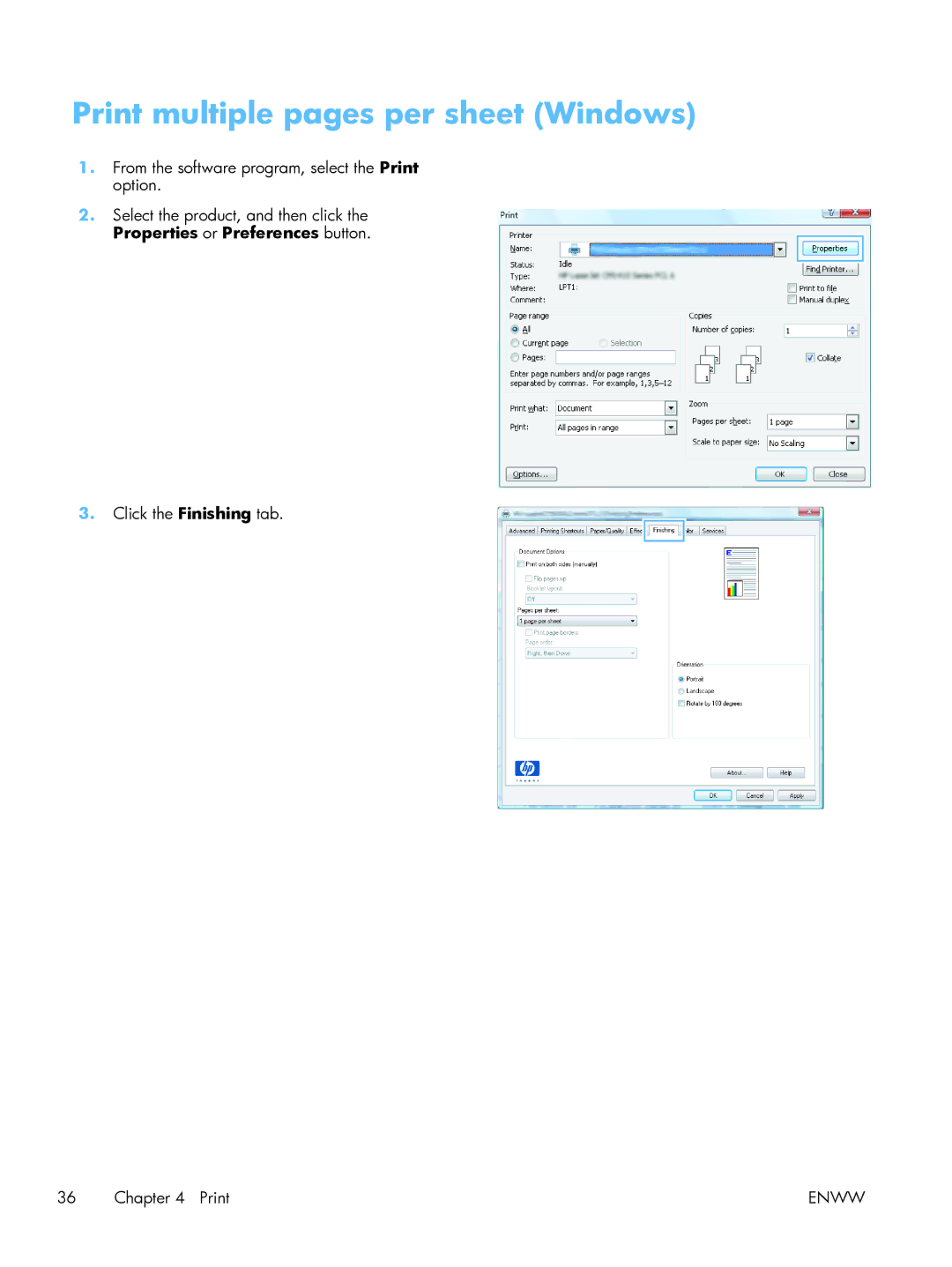 HP TopShot CF040ARBGJ manual Print multiple pages per sheet Windows 