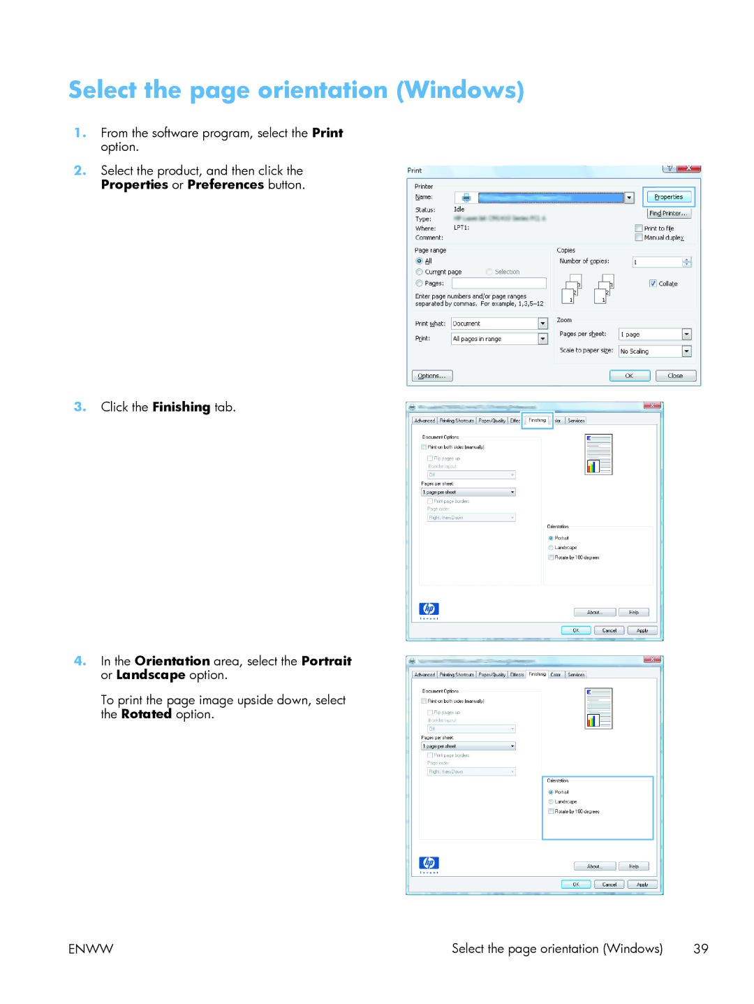 HP TopShot CF040ARBGJ manual Select the page orientation Windows 