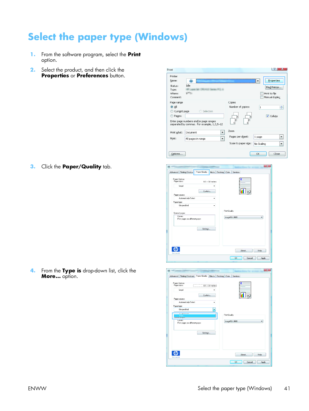 HP TopShot CF040ARBGJ manual Select the paper type Windows 