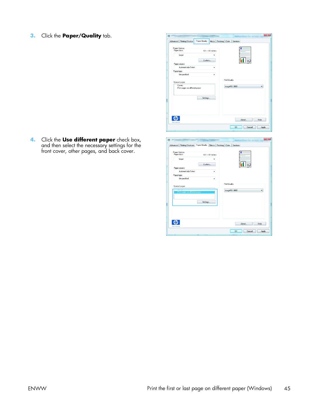 HP TopShot CF040ARBGJ manual Print the first or last page on different paper Windows 