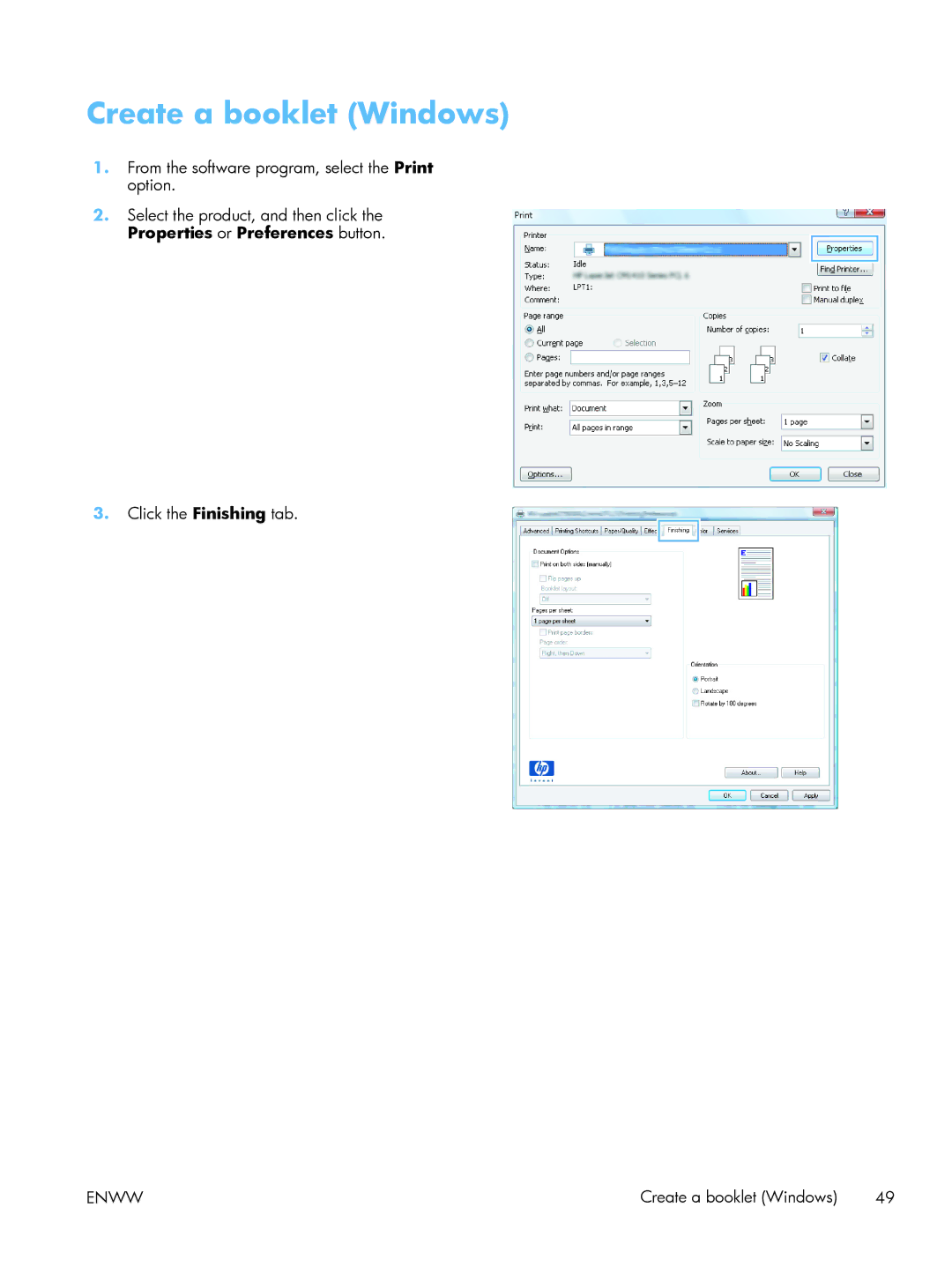 HP TopShot CF040ARBGJ manual Create a booklet Windows 