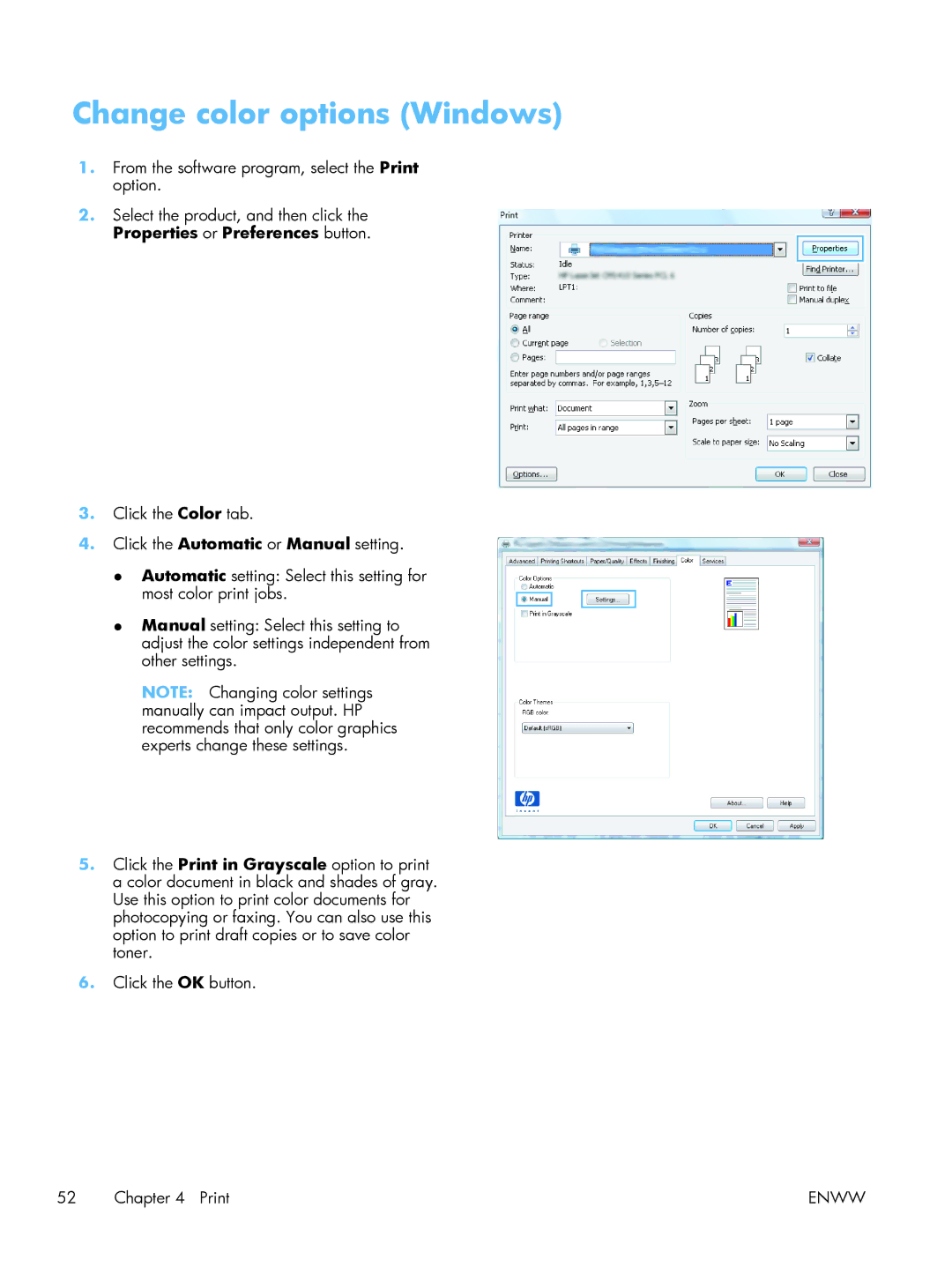 HP TopShot CF040ARBGJ manual Change color options Windows 