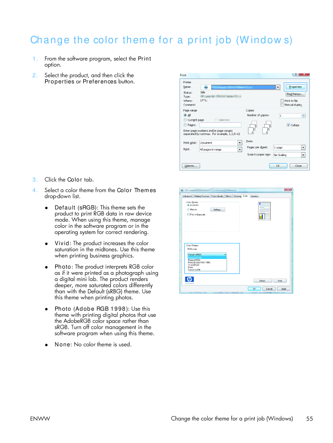 HP TopShot CF040ARBGJ manual Change the color theme for a print job Windows, Properties or Preferences button 