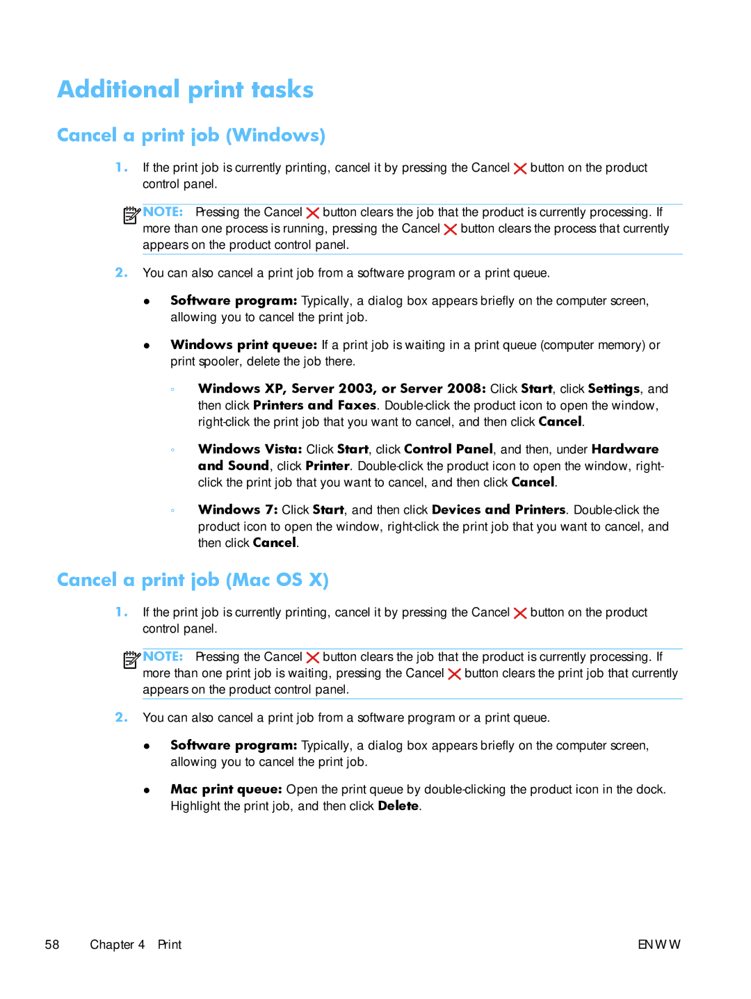 HP TopShot CF040ARBGJ manual Additional print tasks, Cancel a print job Windows, Cancel a print job Mac OS 