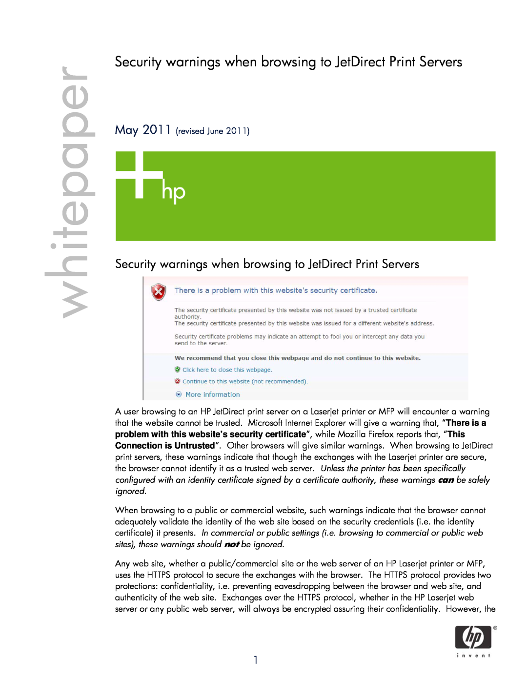 HP Pro MFP M177fw manual Security warnings when browsing to JetDirect Print Servers, whitepaper, May 2011 revised June 