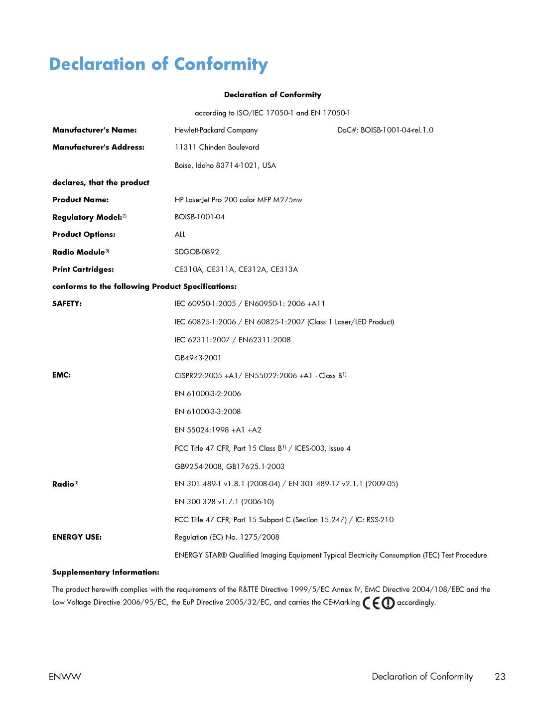 HP TopShot M275 MFP manual Declaration of Conformity, Energy USE 