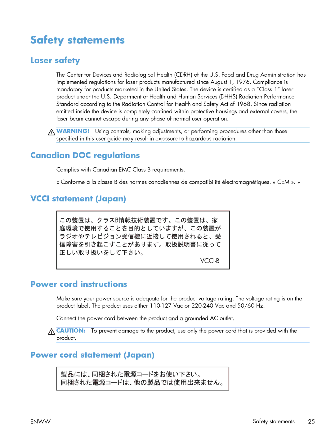 HP TopShot M275 MFP manual Safety statements, Laser safety, Canadian DOC regulations, Power cord statement Japan 