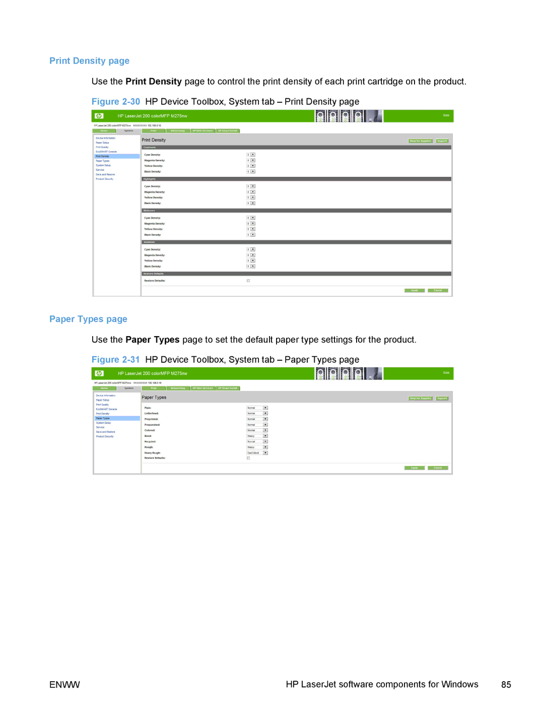 HP TopShot M275 MFP manual Print Density, Paper Types 