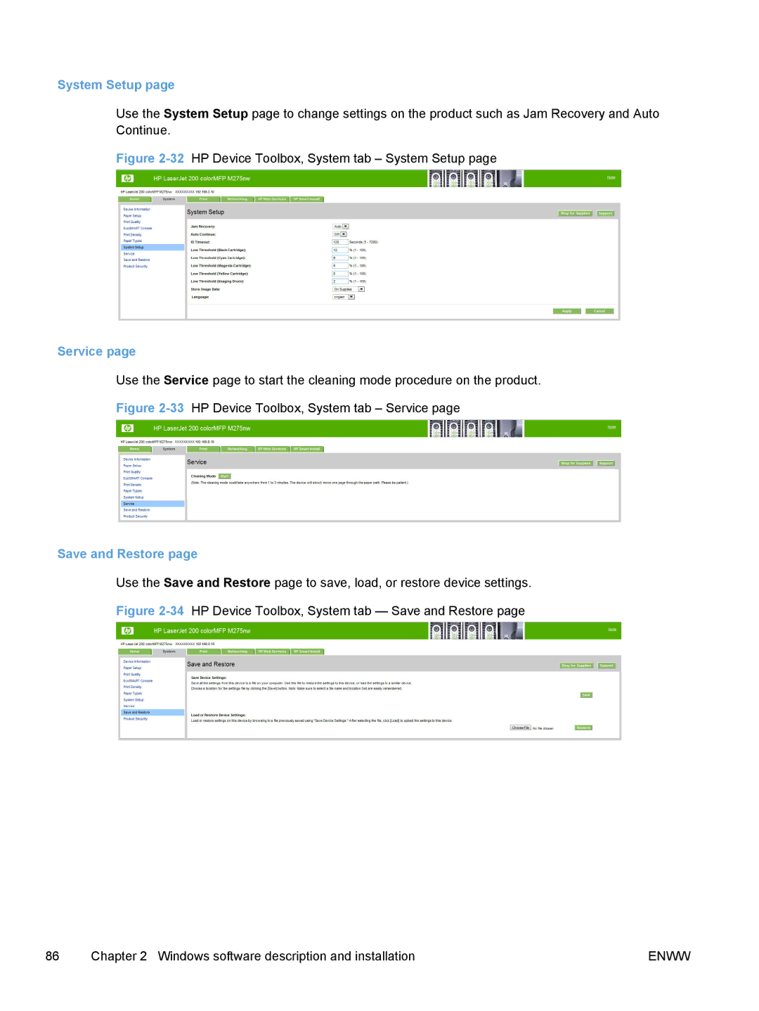 HP TopShot M275 MFP manual System Setup, Service, Save and Restore 