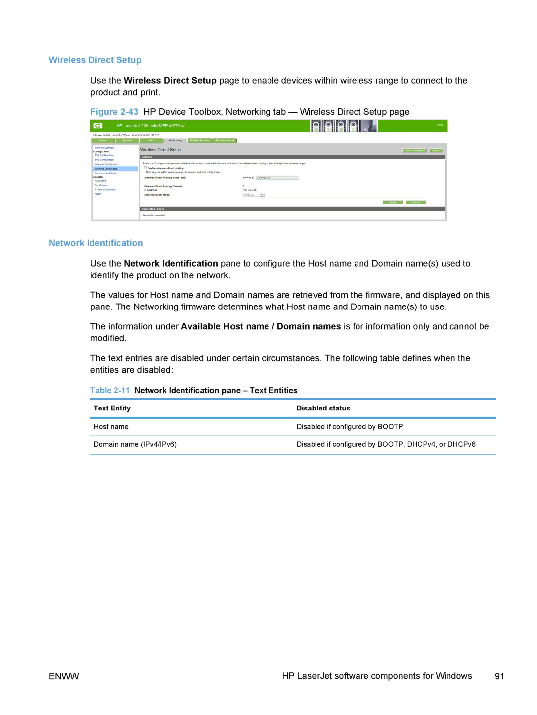 HP TopShot M275 MFP manual Wireless Direct Setup, Network Identification 