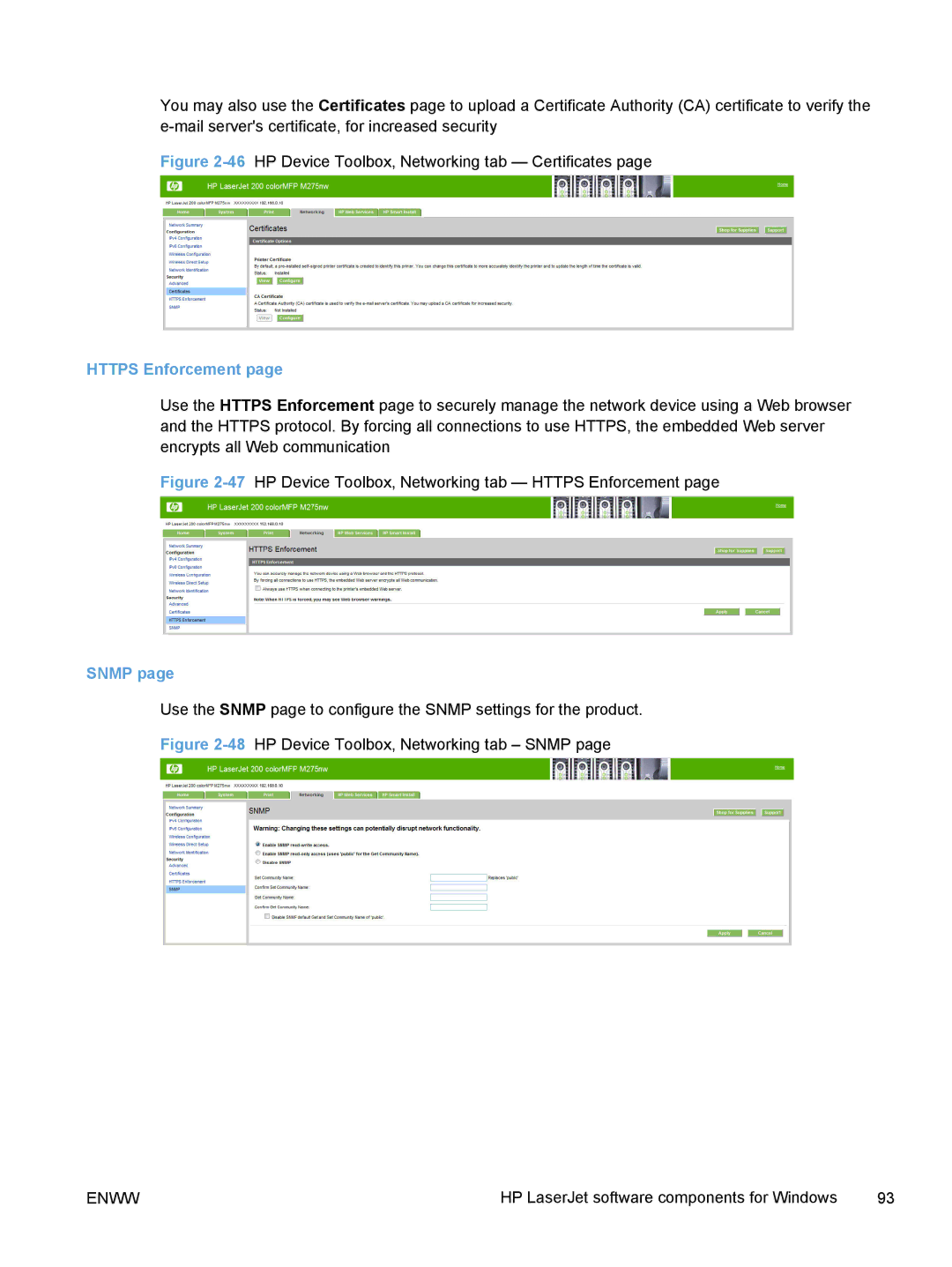 HP TopShot M275 MFP manual Https Enforcement, Snmp 