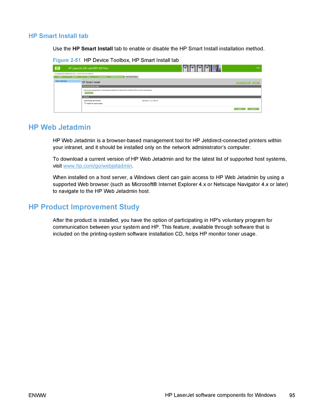 HP TopShot M275 MFP manual HP Web Jetadmin, HP Product Improvement Study, HP Smart Install tab 