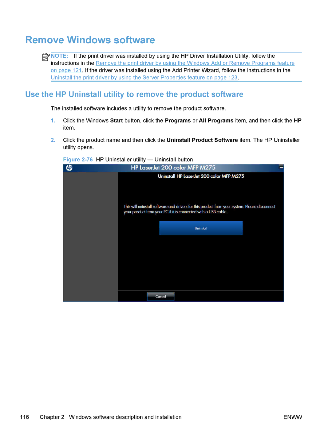 HP TopShot M275 MFP manual Remove Windows software, Use the HP Uninstall utility to remove the product software 