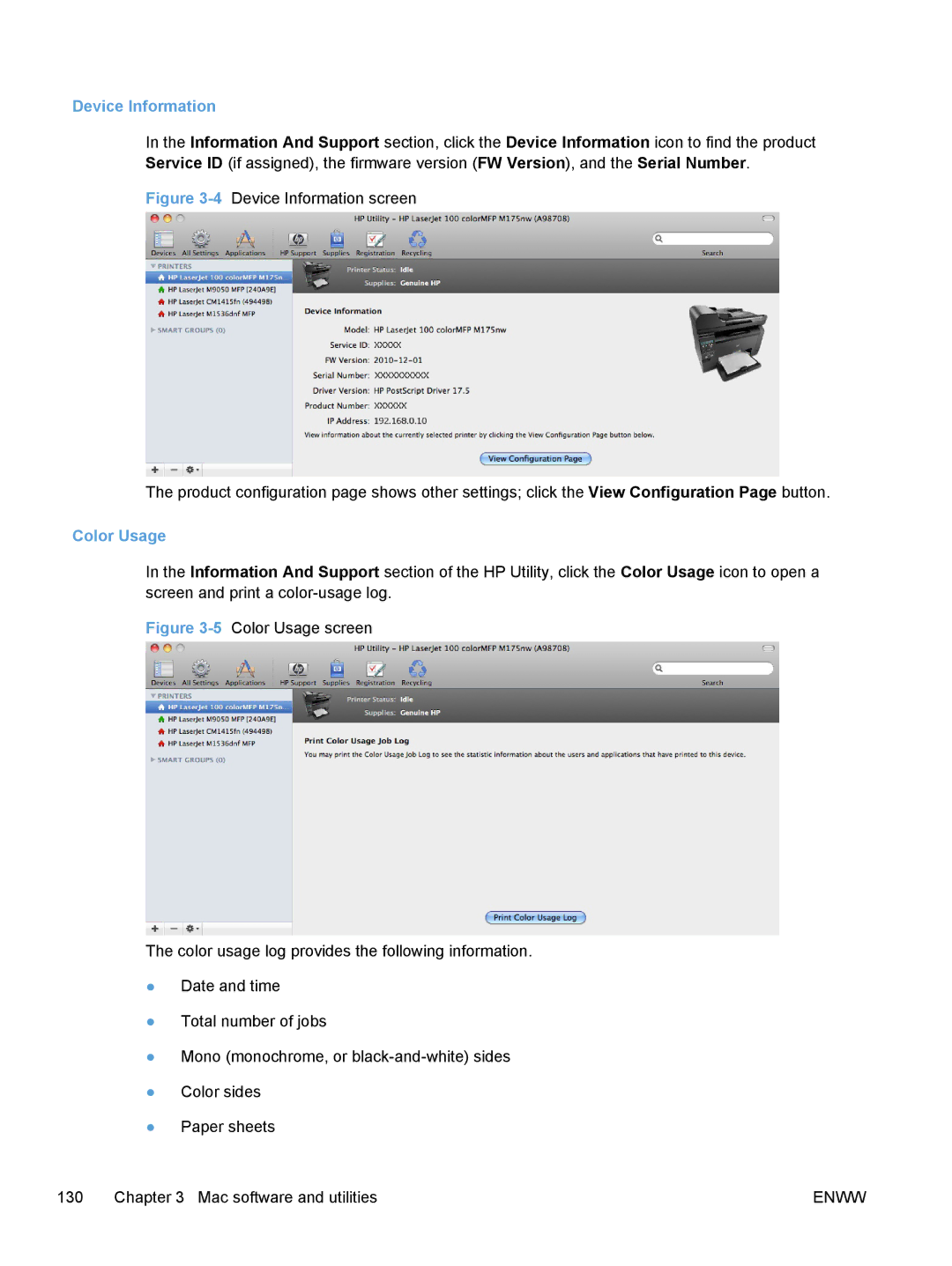 HP TopShot M275 MFP manual Device Information, Color Usage 