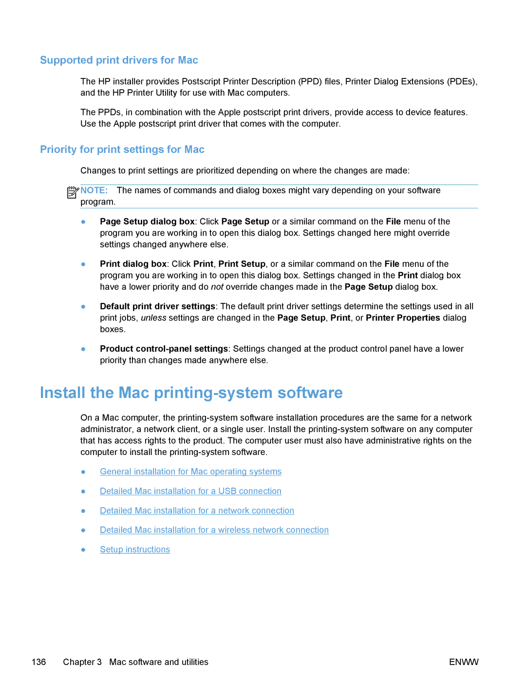 HP TopShot M275 MFP manual Install the Mac printing-system software, Supported print drivers for Mac 