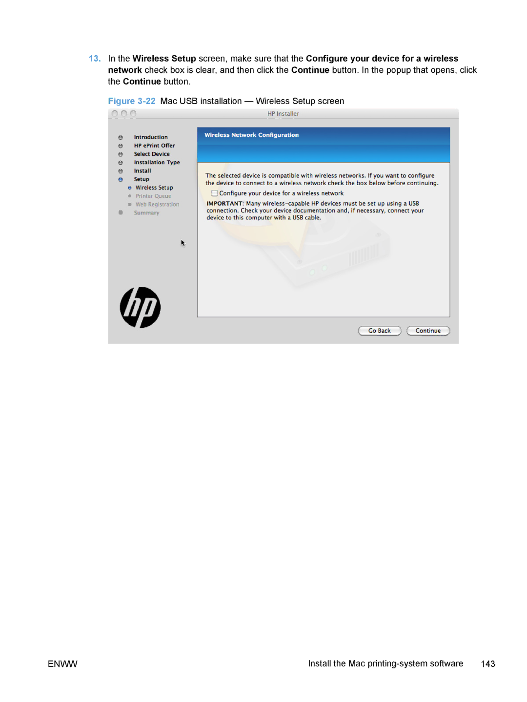 HP TopShot M275 MFP manual 22Mac USB installation Wireless Setup screen 