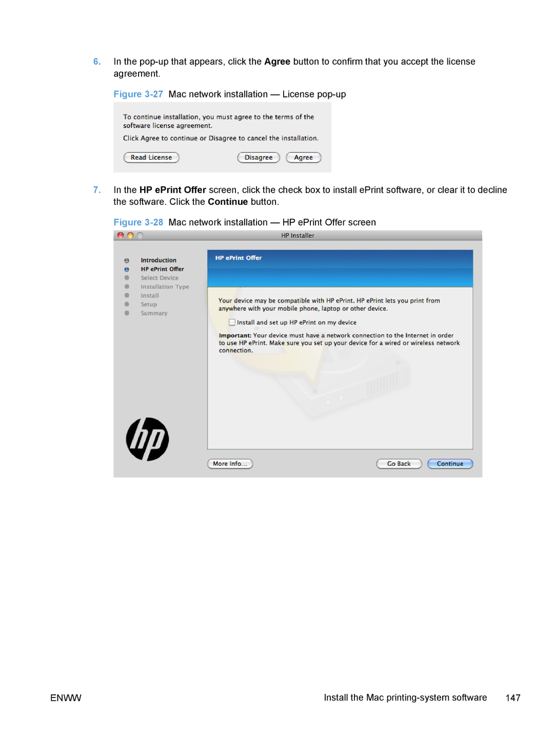 HP TopShot M275 MFP manual 28Mac network installation HP ePrint Offer screen 