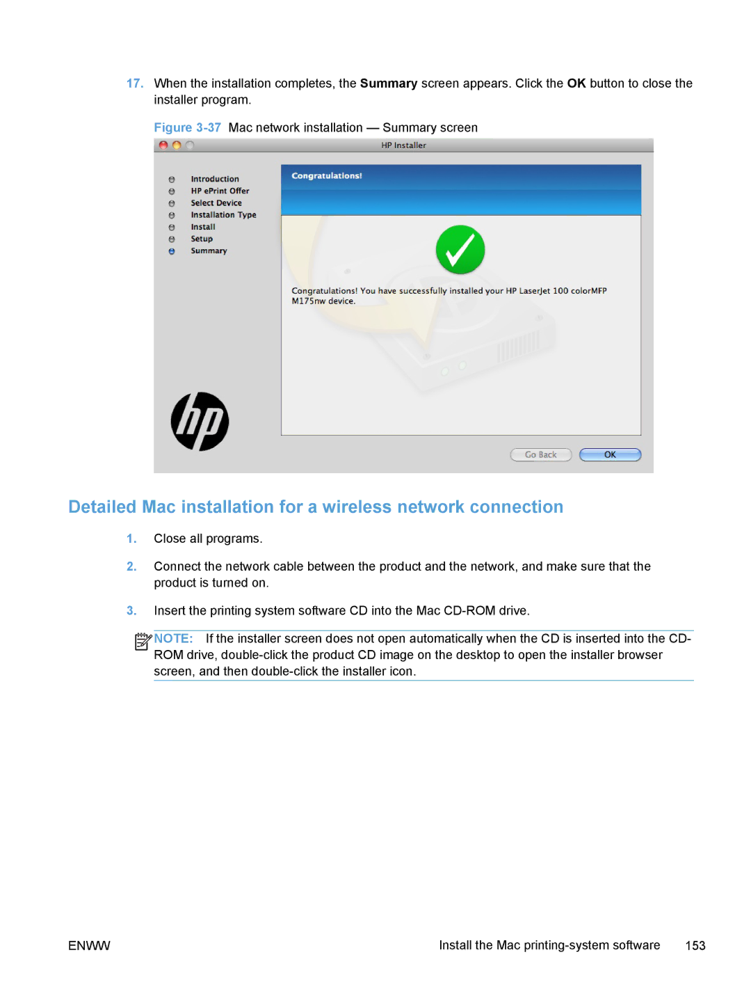 HP TopShot M275 MFP Detailed Mac installation for a wireless network connection, 37Mac network installation Summary screen 