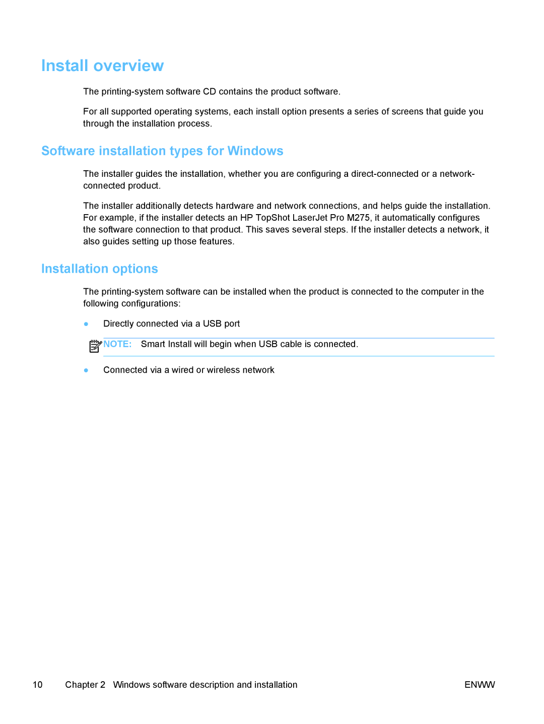 HP TopShot M275 MFP manual Install overview, Software installation types for Windows, Installation options 