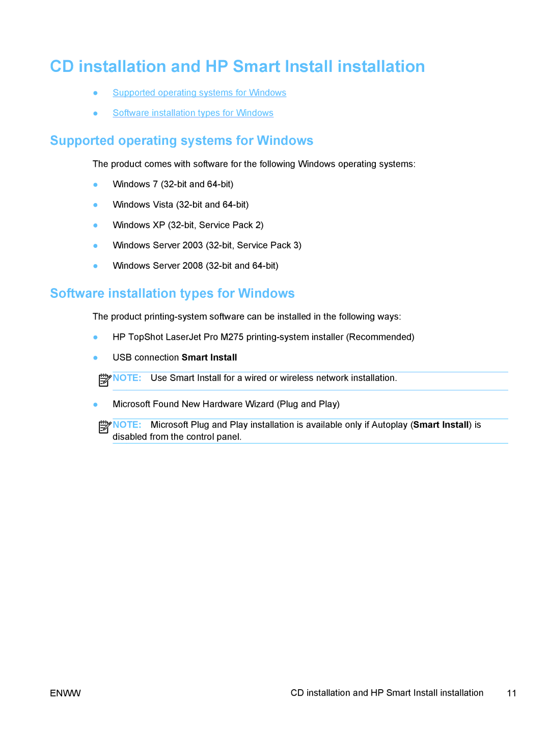 HP TopShot M275 MFP manual CD installation and HP Smart Install installation, Supported operating systems for Windows 