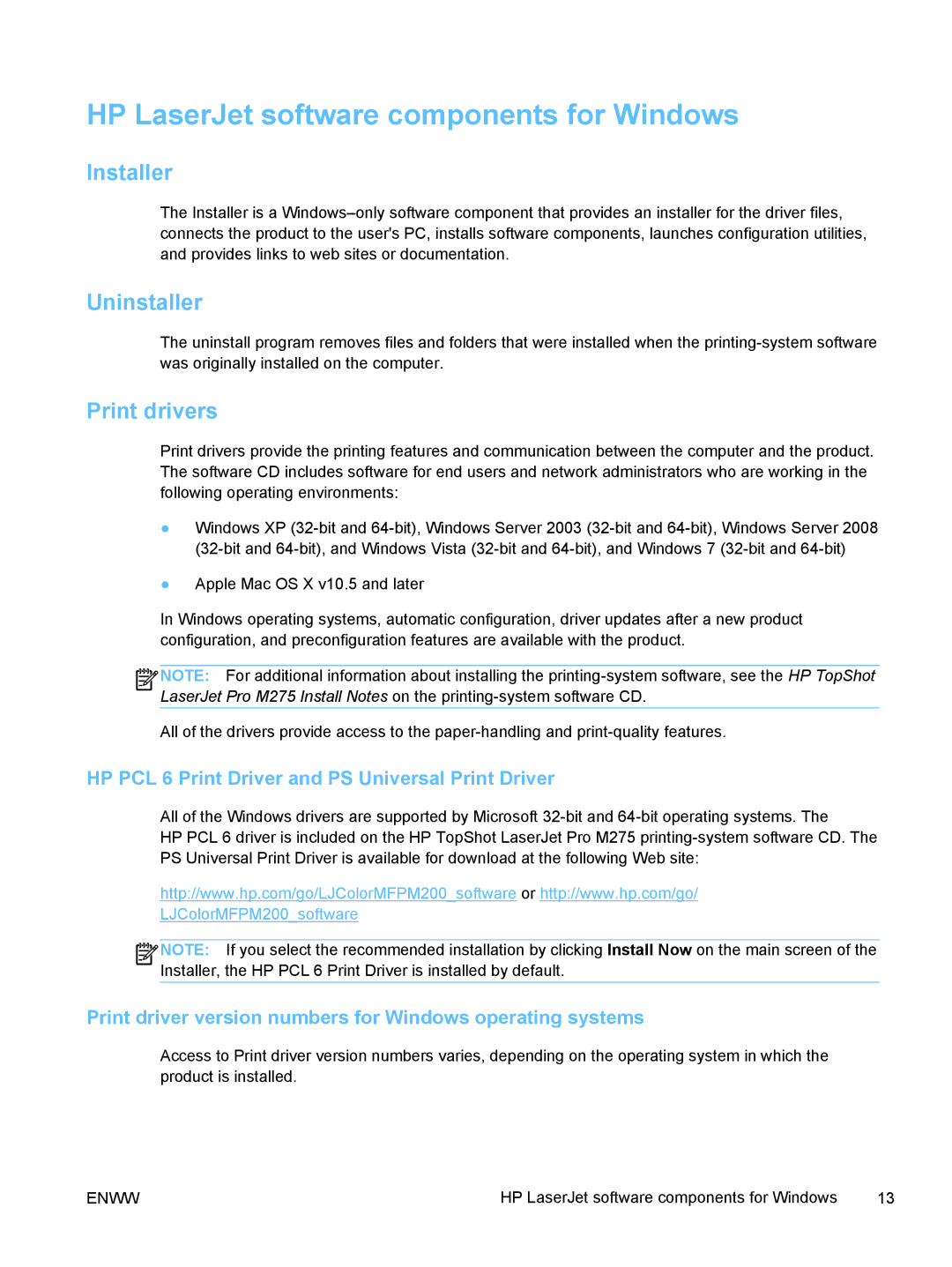 HP TopShot M275 MFP manual HP LaserJet software components for Windows, Installer, Uninstaller, Print drivers 