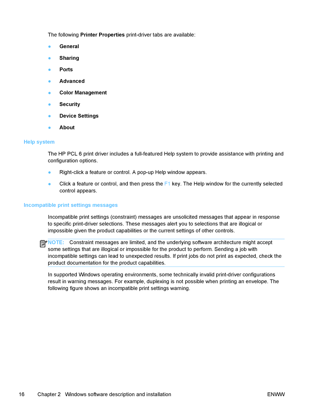 HP TopShot M275 MFP manual Help system, Incompatible print settings messages 