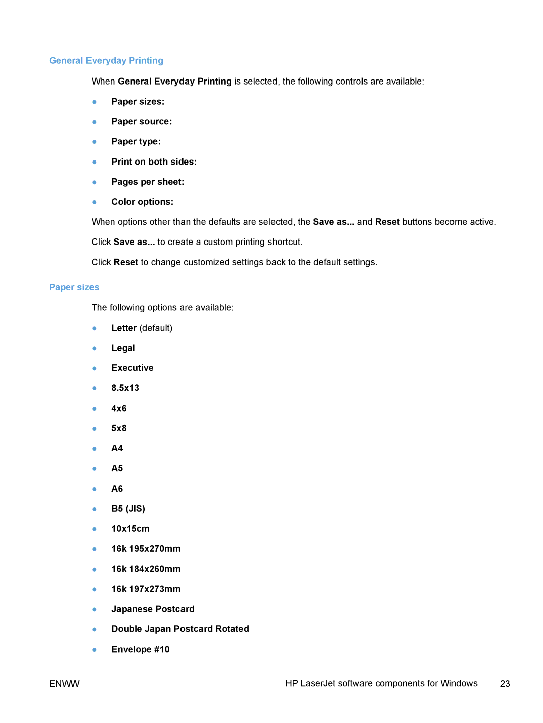 HP TopShot M275 MFP manual General Everyday Printing, Paper sizes 