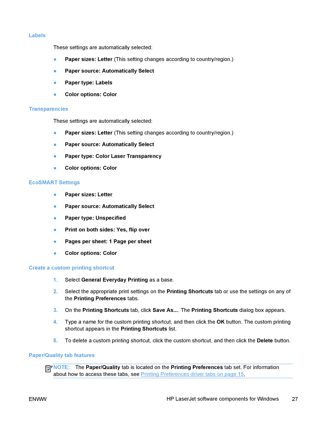 HP TopShot M275 MFP manual Labels, Transparencies, EcoSMART Settings, Create a custom printing shortcut 