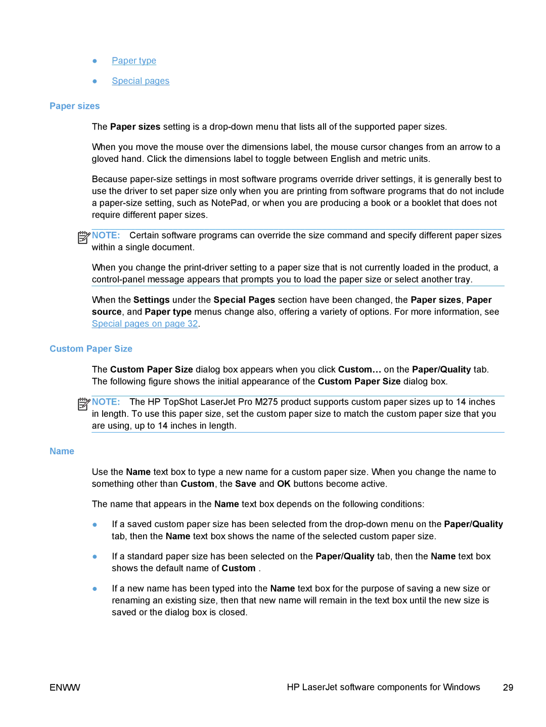 HP TopShot M275 MFP manual Custom Paper Size, Name 