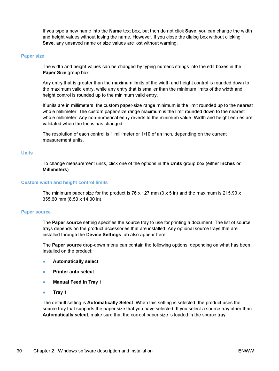 HP TopShot M275 MFP manual Paper size, Units, Custom width and height control limits 