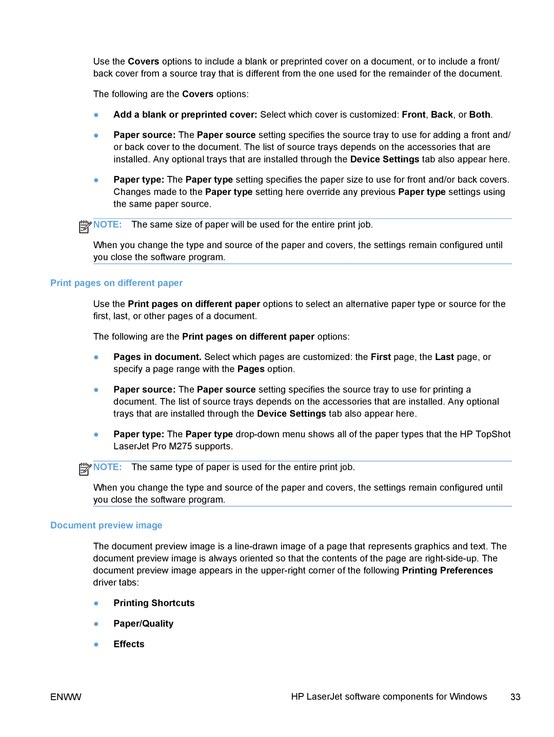 HP TopShot M275 MFP manual Following are the Print pages on different paper options, Document preview image 