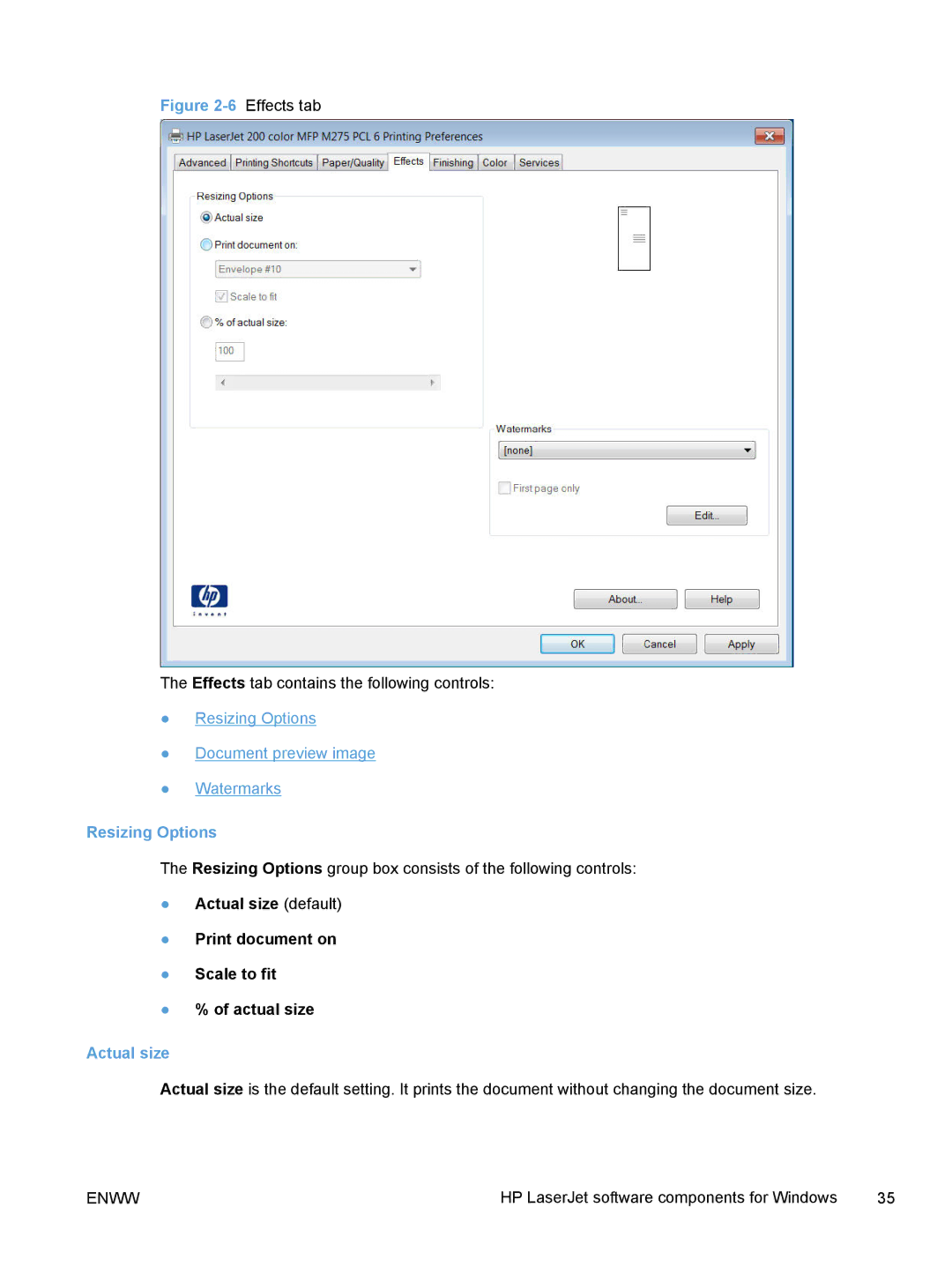 HP TopShot M275 MFP manual Resizing Options, Actual size default Print document on Scale to fit 