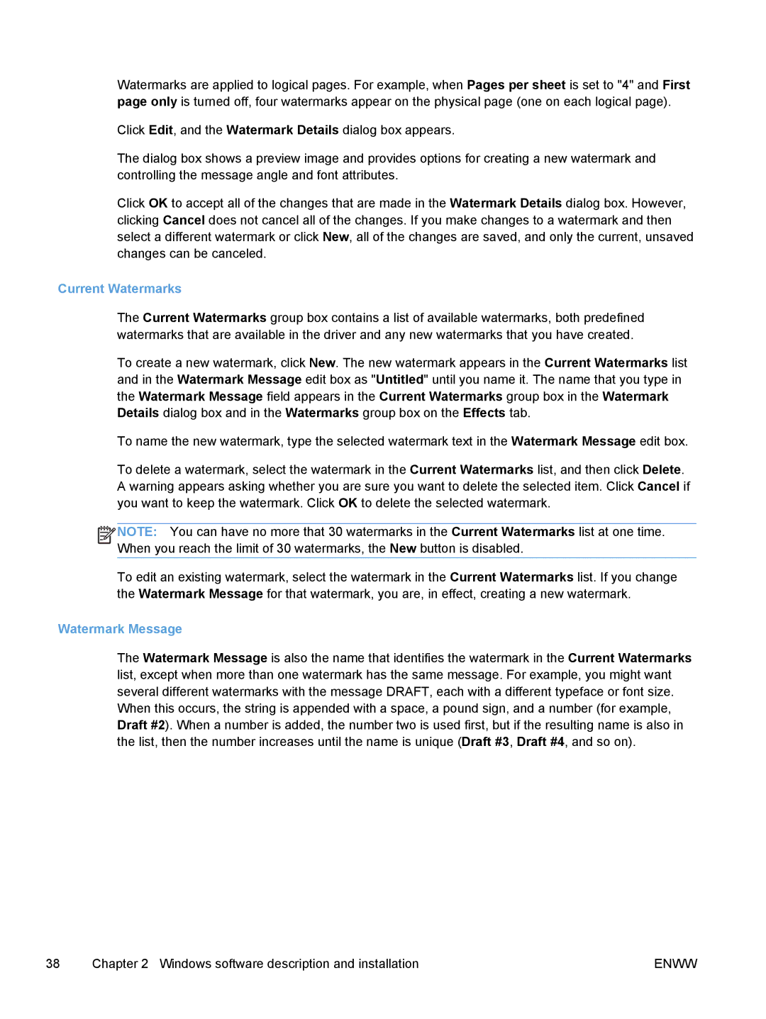 HP TopShot M275 MFP manual Current Watermarks, Watermark Message 